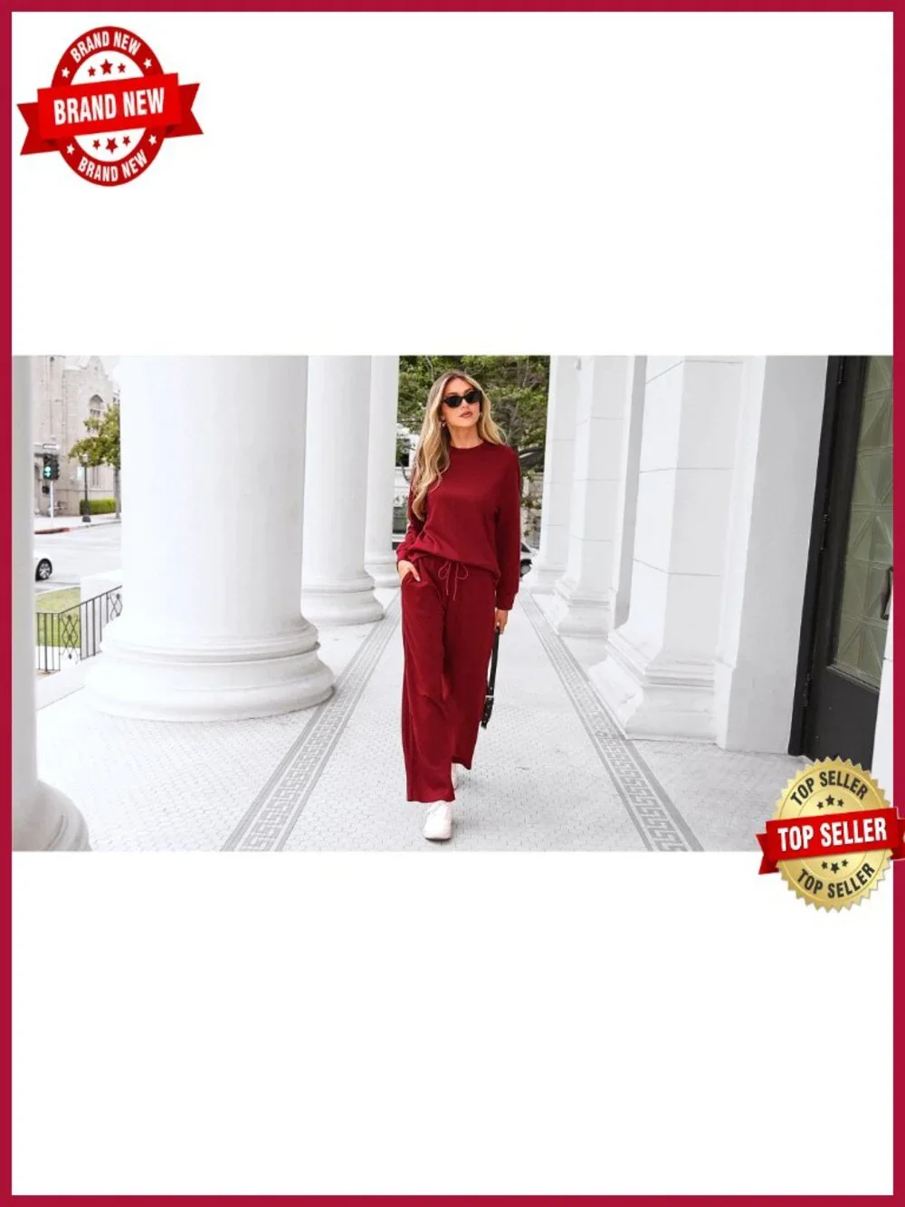 Womens 2 Piece Lounge Set Oversized Crewneck Sweatshirt Wide Leg Pants Pockets